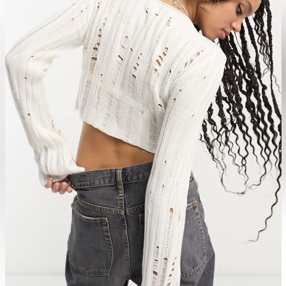 ASOS Teclaimed Vintage crop sweater in sheer ladder stitch white 10 NWT in pkg - Picture 2 of 7